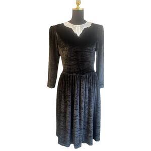 Phillipe Marcel Black Velvet/Velour Dress Lace Collar